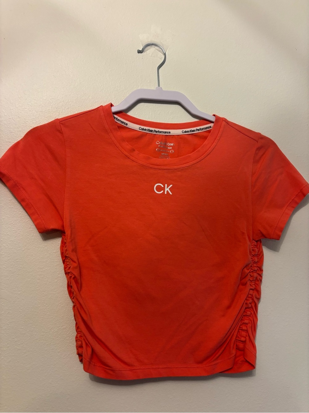 Calvin Klein Performance Women's Salmon Pink CK Ruched Short Sleeve Tee